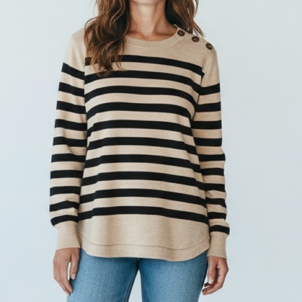 Liz Claiborne Beige Black Striped Button Shoulder Sweater Women’s 0X Crew Neck